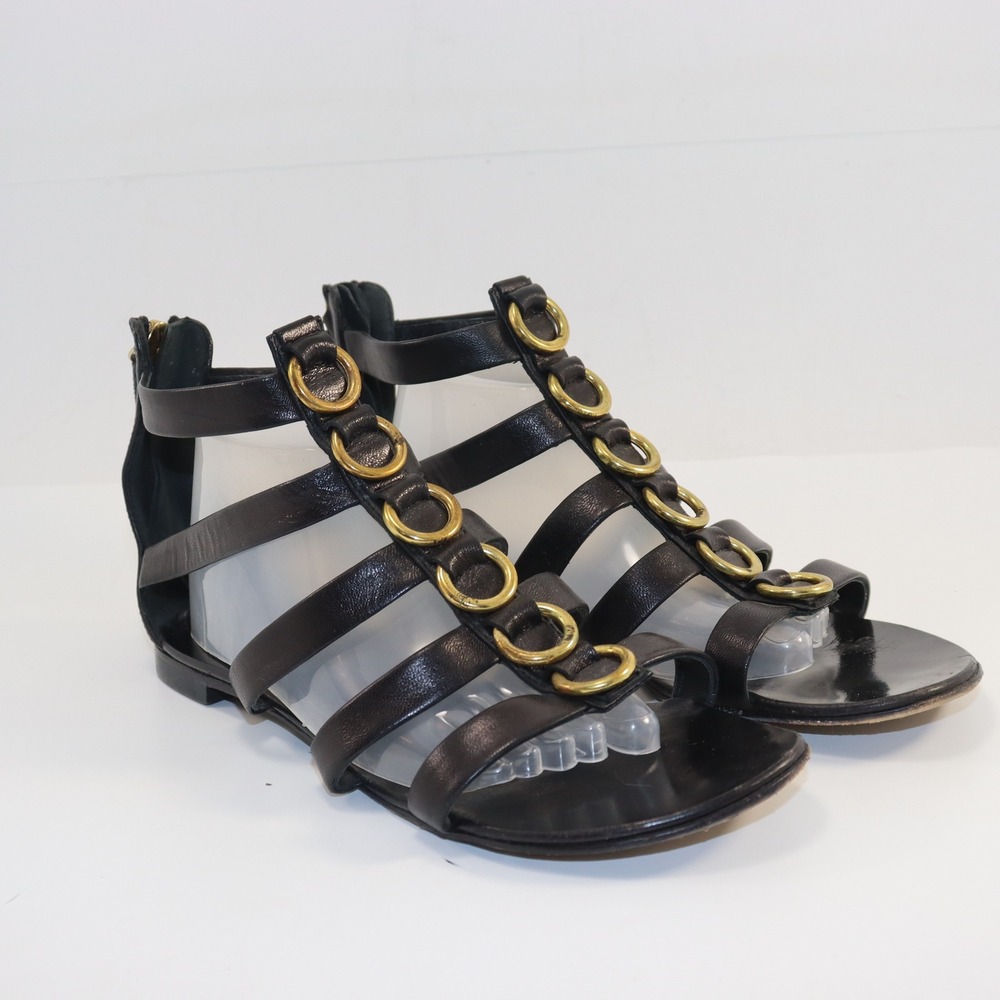 Giuseppe Zanotti Gladiator Sandals Womens 36 Black‎ Leather Gold Ring Flat Italy